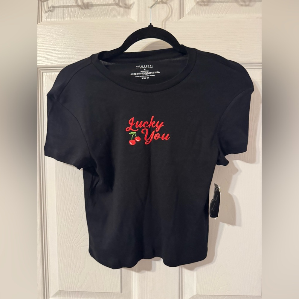 Black Cropped Tee with Red 'Lucky You' Embroidery
